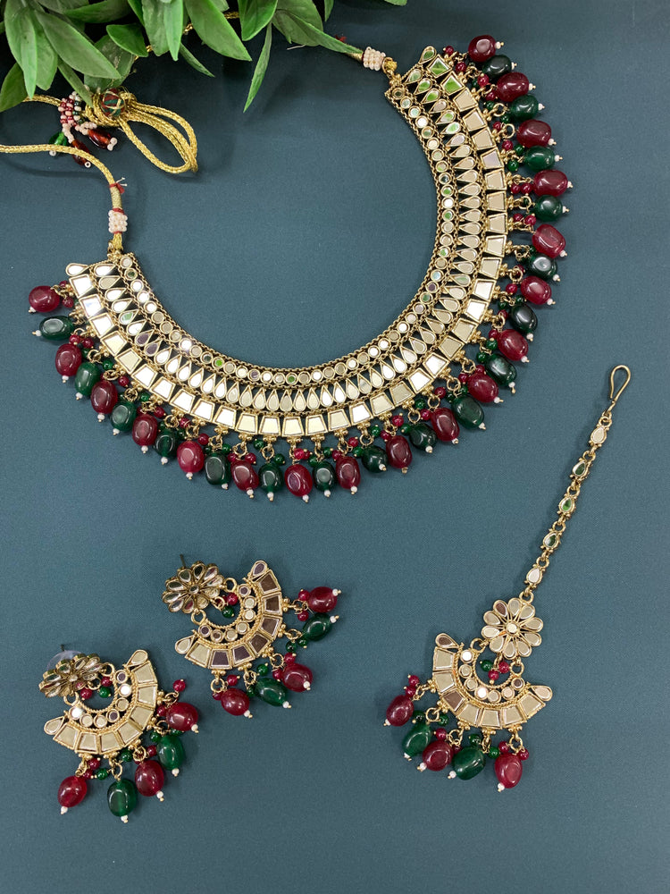 Shreya mirror necklace set with matching Chandbali antique multi