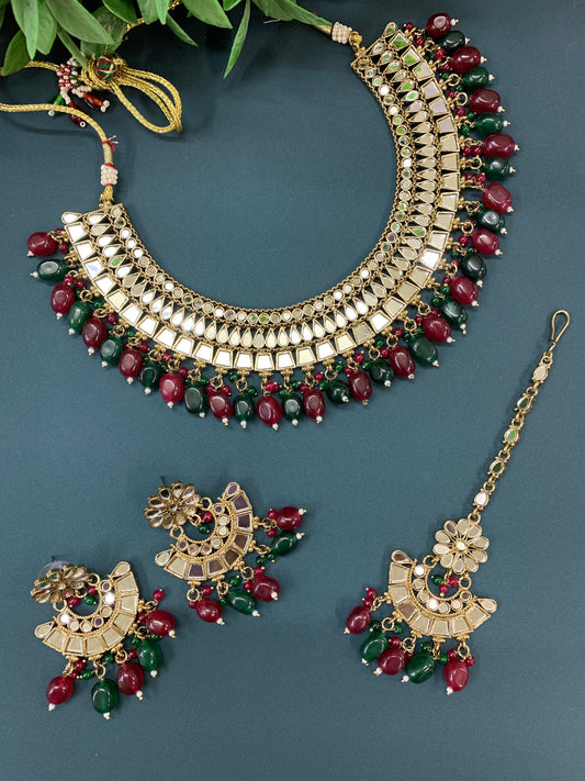 Shreya mirror necklace set with matching Chandbali antique multi