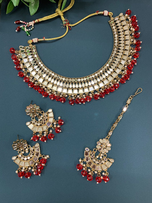 Shreya mirror necklace set with matching Chandbali antique blood red