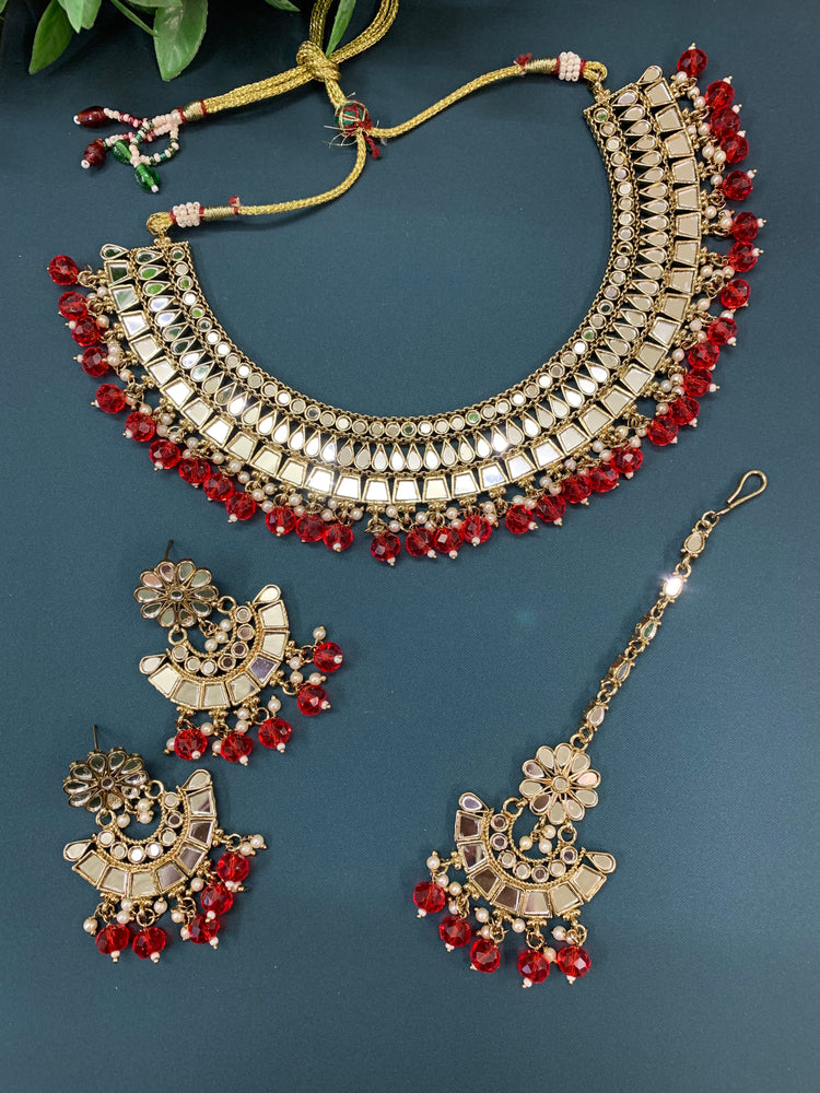 Shreya mirror necklace set with matching Chandbali antique blood red