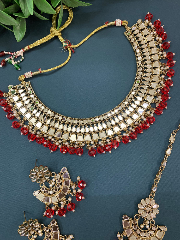 Shreya mirror necklace set with matching Chandbali antique blood red