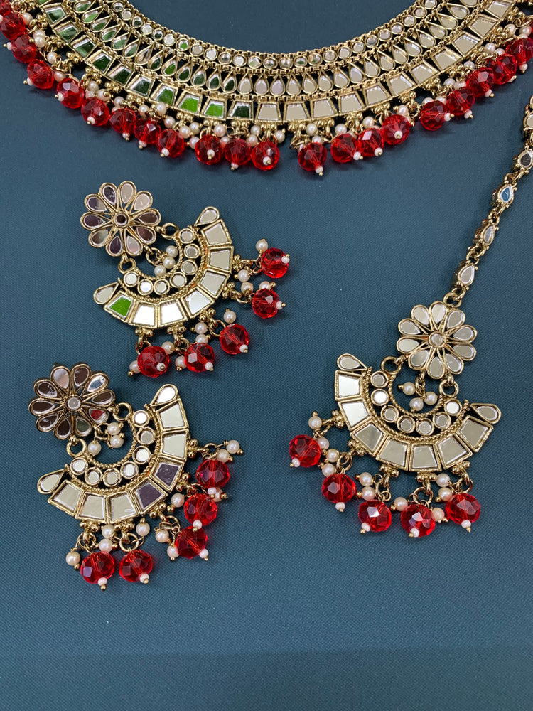 Shreya mirror necklace set with matching Chandbali antique blood red