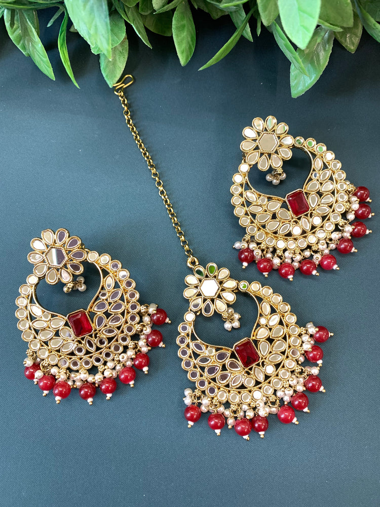 Judy chandbali mirror Tikka set red