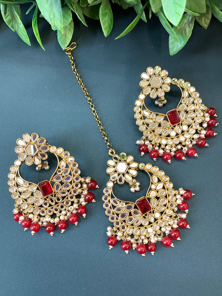 Judy chandbali mirror Tikka set red