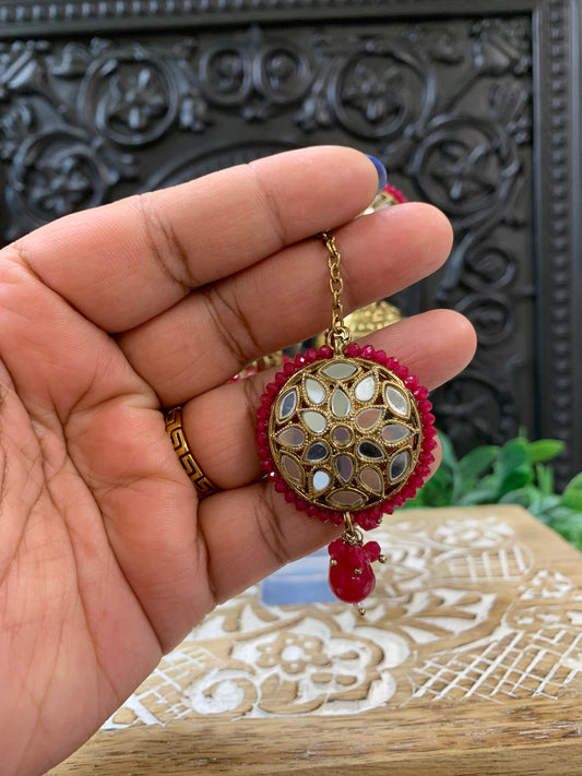 Kerry mirror jhumki tikka antique gold /red