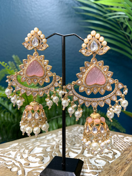 Crystal Kundan chandbali earring in pale pink