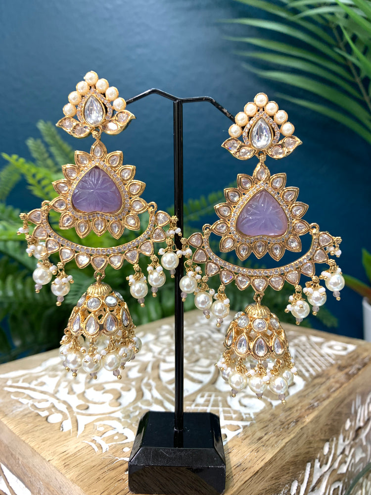 Crystal Kundan chandbali earring in lavender/ lilac