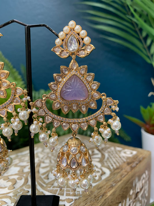 Crystal Kundan chandbali earring in lavender/ lilac