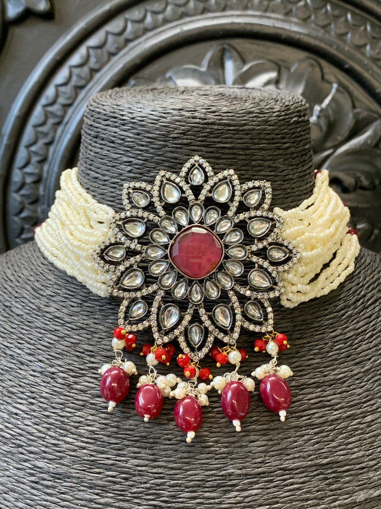 Preeto kundan choker necklace with matching studs red maroon burgundy