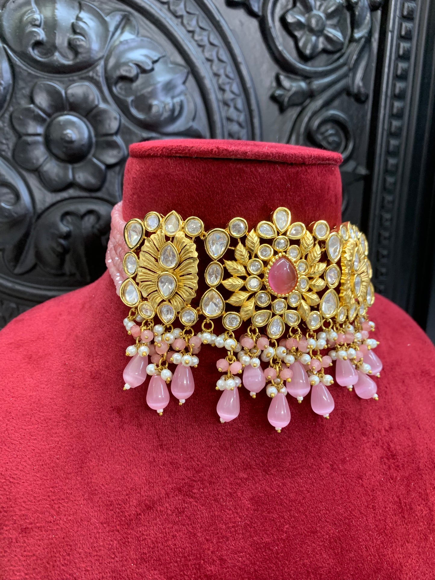 Jeremiah Tyanni kundan choker in 22k gold plates base light pink