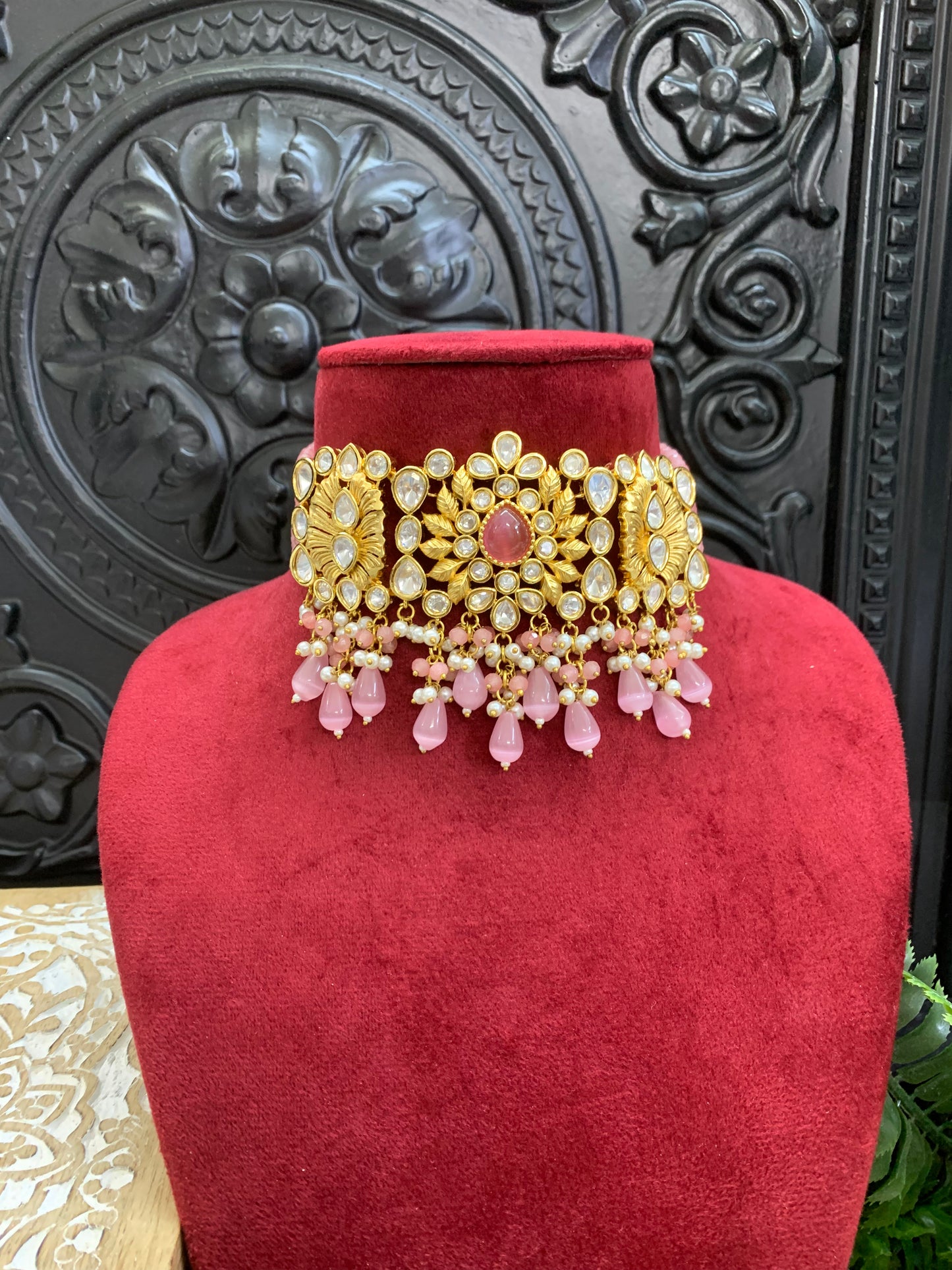 Jeremiah Tyanni kundan choker in 22k gold plates base light pink