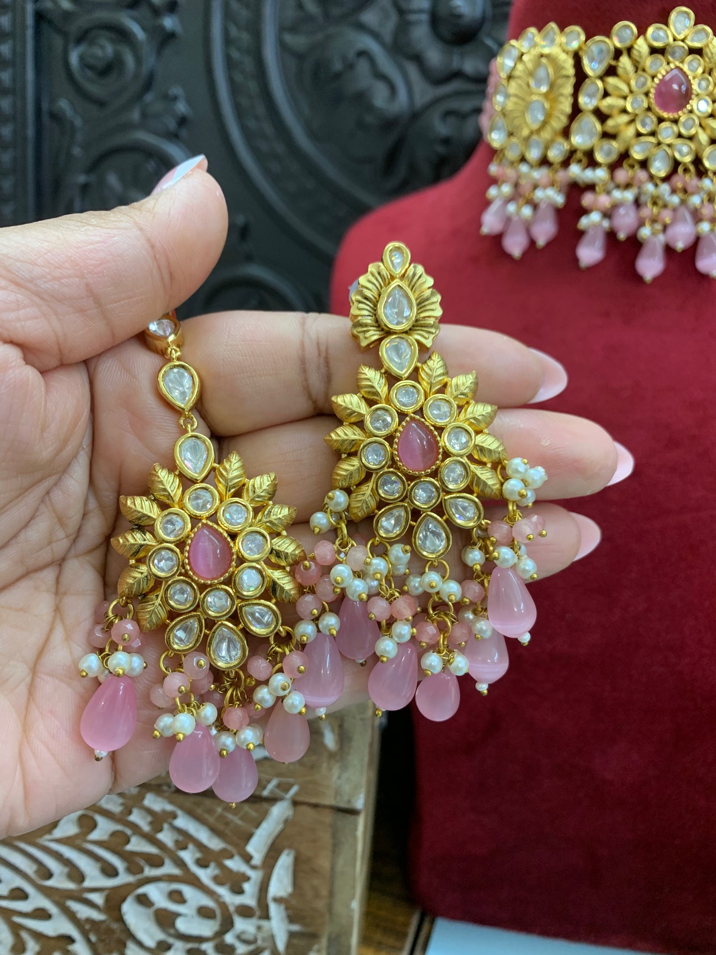 Jeremiah Tyanni kundan choker in 22k gold plates base light pink