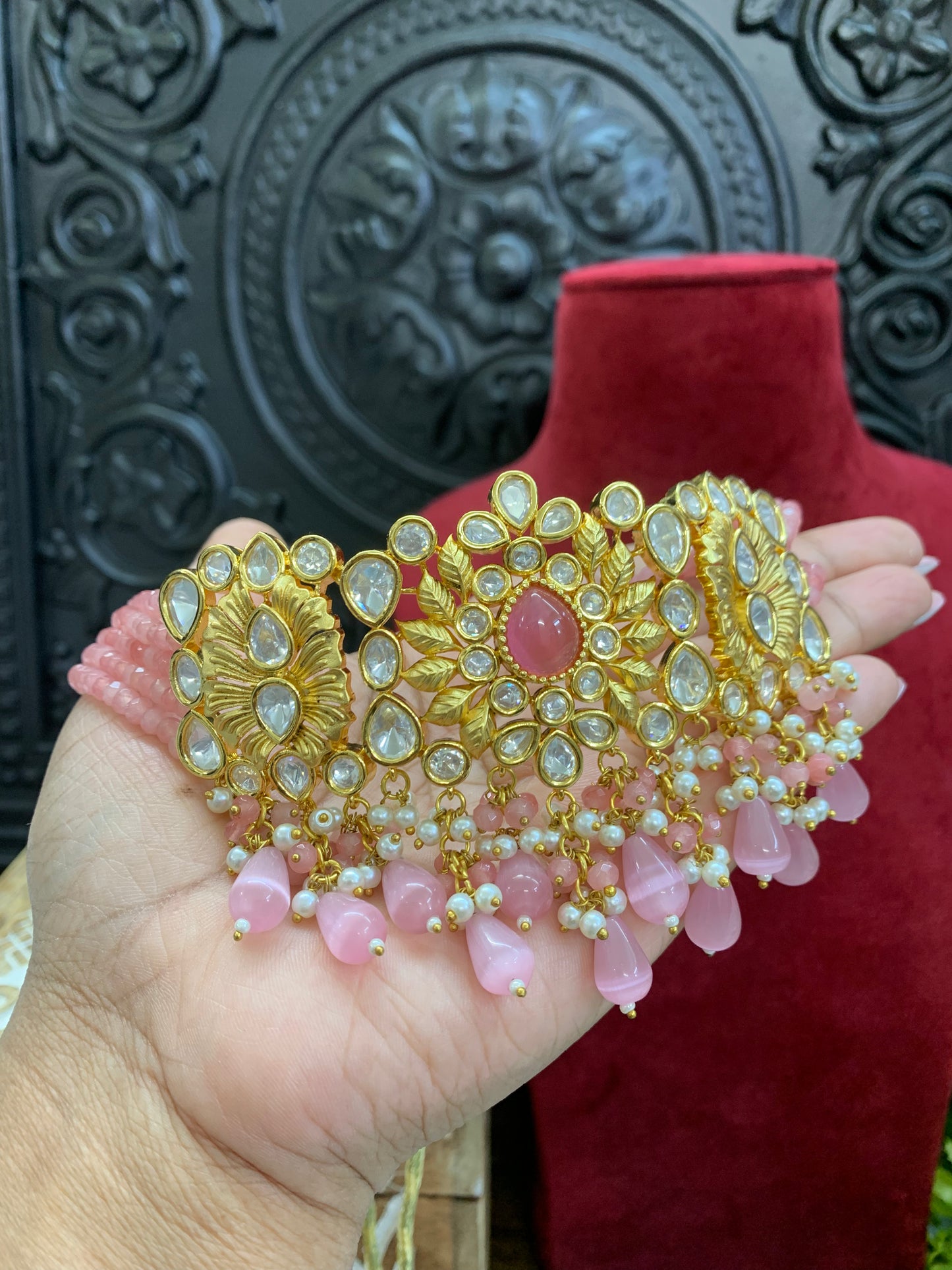Jeremiah Tyanni kundan choker in 22k gold plates base light pink