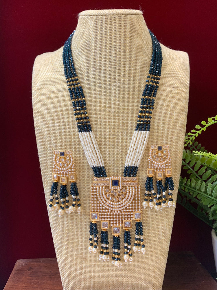 Anika polki long mala set gold polki and blue