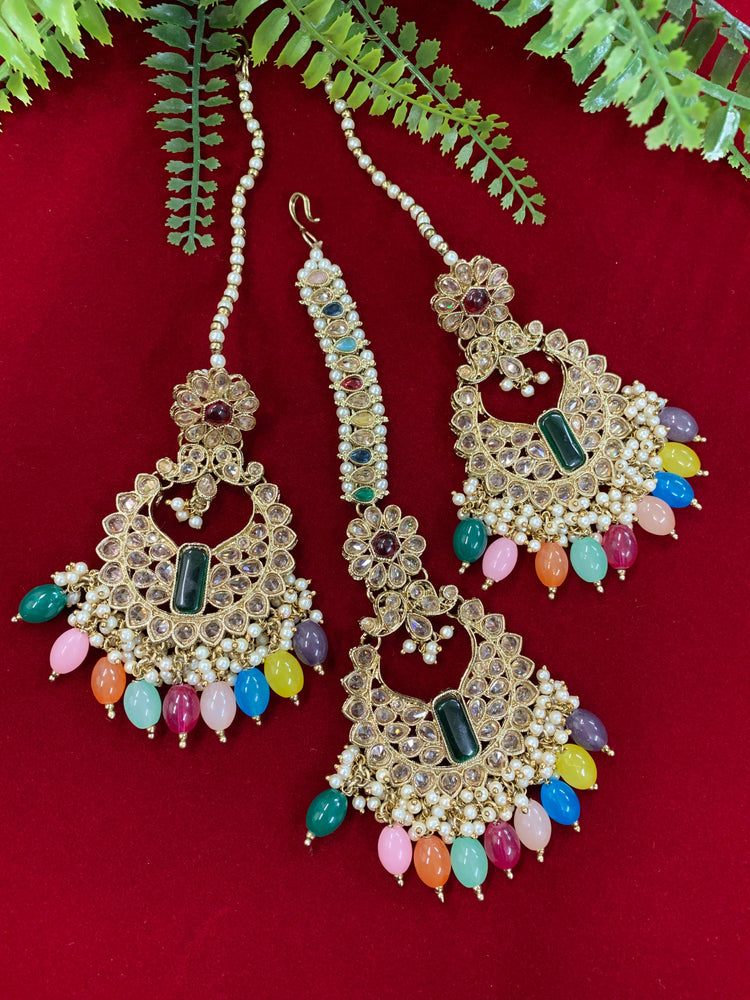 Polki chandbali style earring with matching Tikka Linda