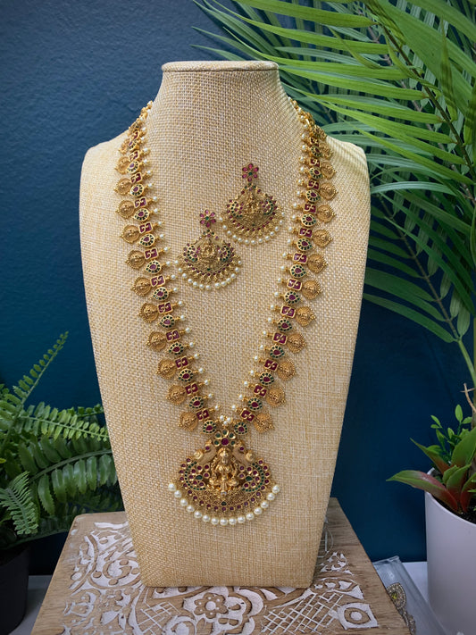 Temple style gold long mala rani haram with matching earring