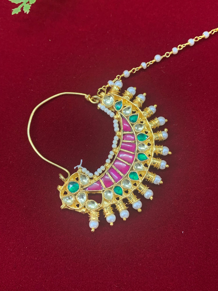 Pachi kundan statement nath/nose ring emerald green