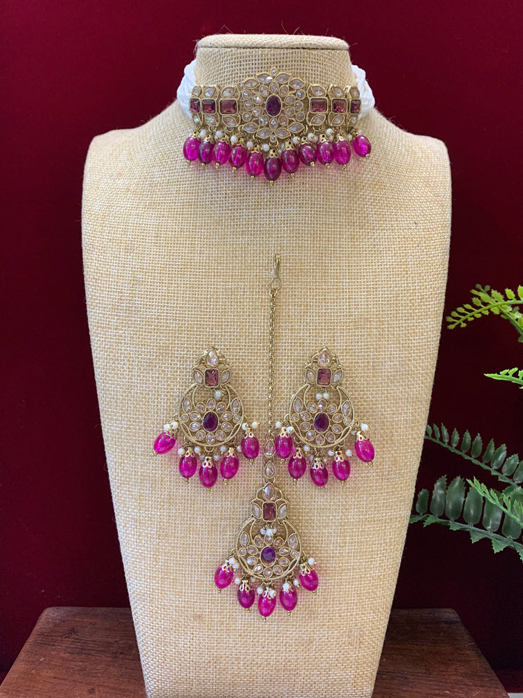 Reverse polki choker set with matching Tikka and chandbali earring