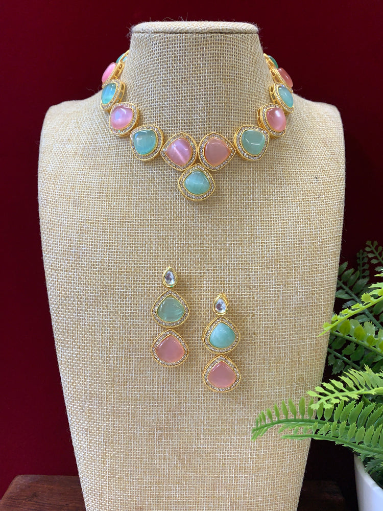 Gold plated choker / necklace pastel multi
