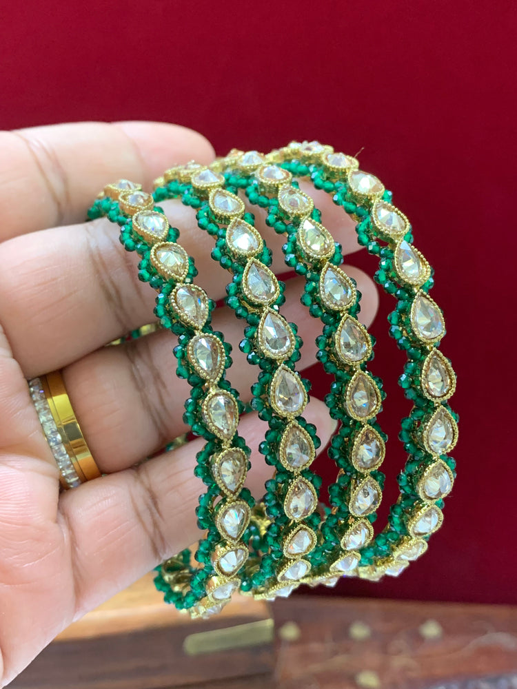 Reverse polki bangle Sonia in antique gold emerald green pearl details