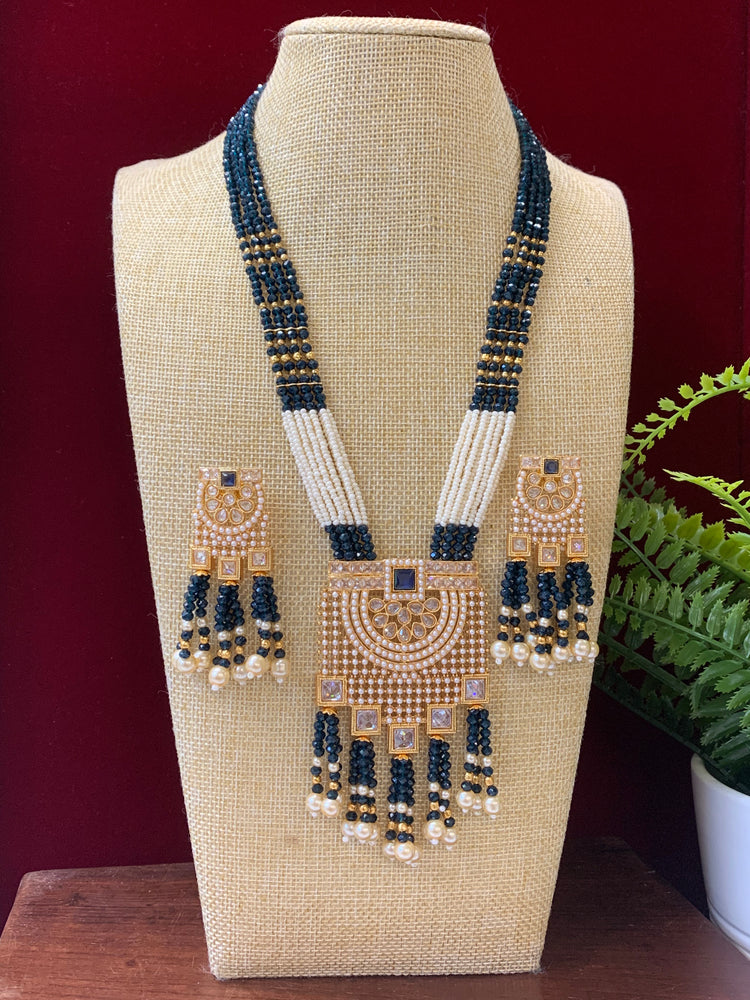 Anika polki long mala set gold polki and blue