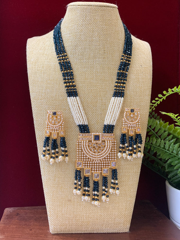 Anika polki long mala set gold polki and blue