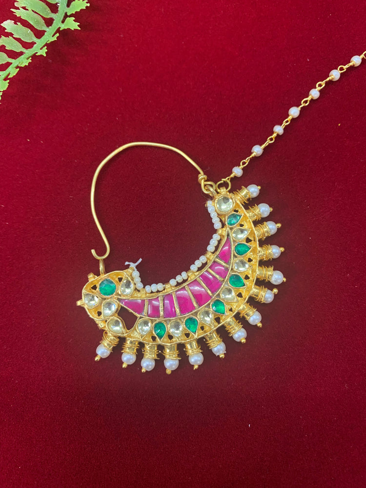 Pachi kundan statement nath/nose ring emerald green