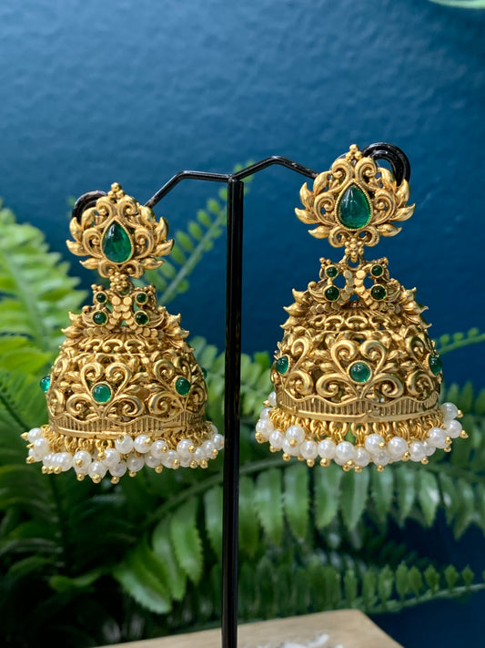 High gold polished jhumki temple style with kemp details