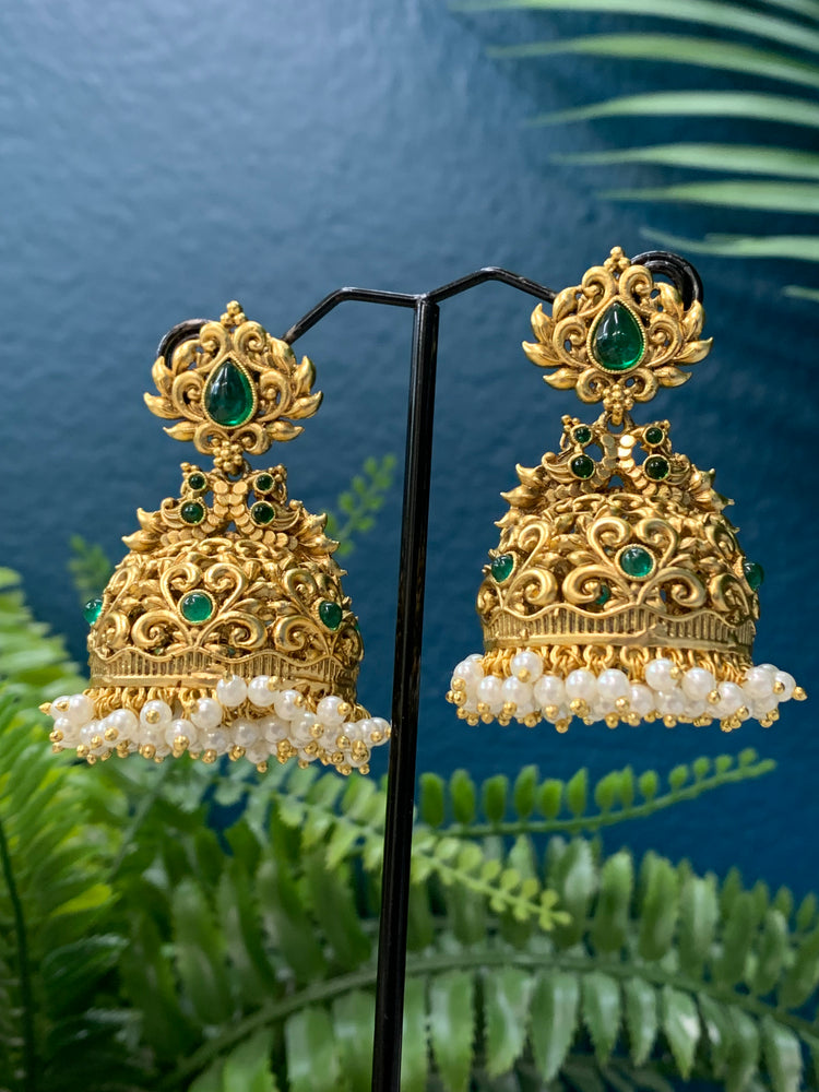 High gold polished jhumki temple style with kemp details