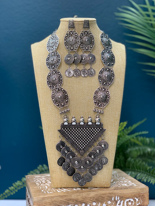 Black metal oxi german silver mala with earring