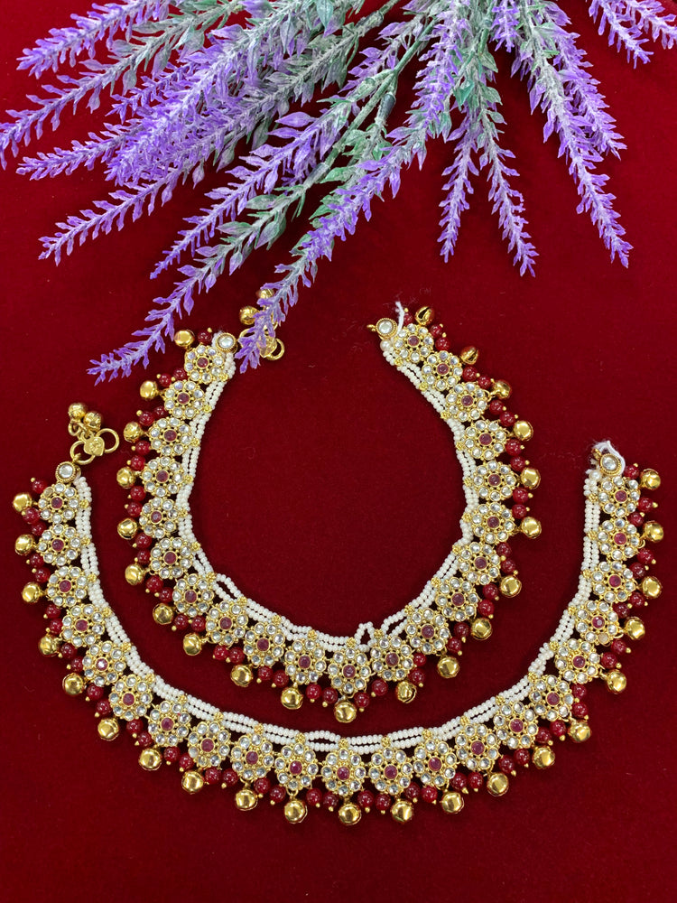 Kundan payal anklet set with maroon beads and bells