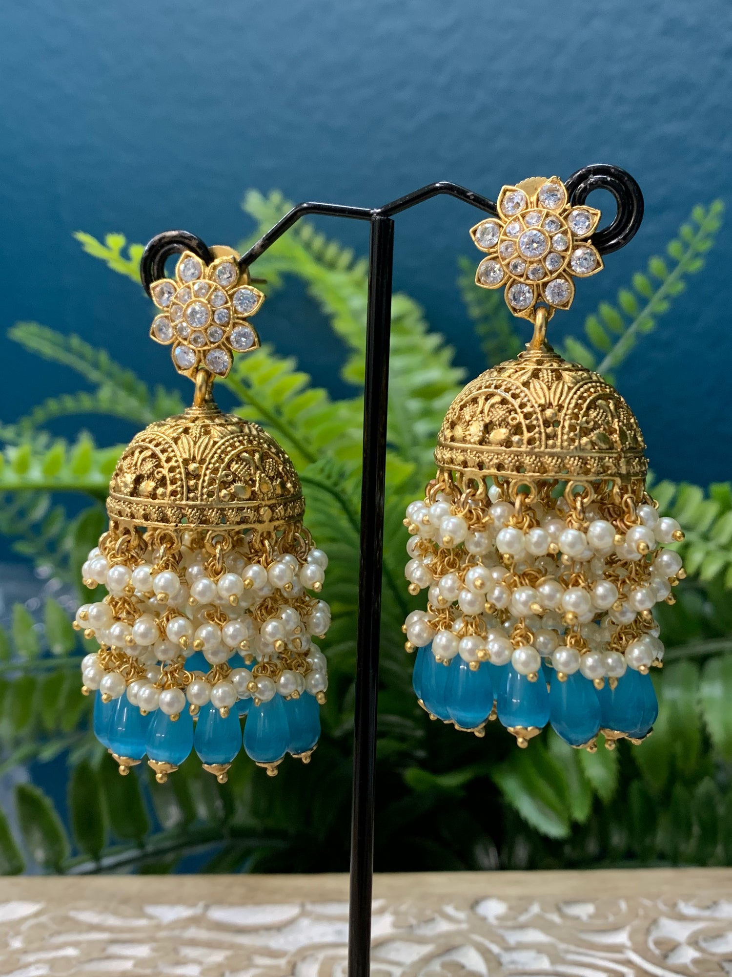 High gold polished jhumki temple style with AD details Bawaries