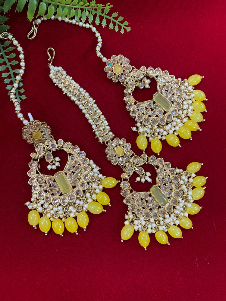 Polki chandbali style earring with matching Tikka Linda