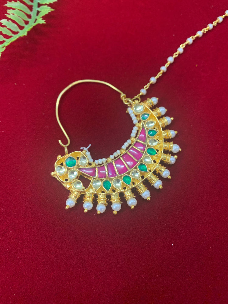 Pachi kundan statement nath/nose ring emerald green