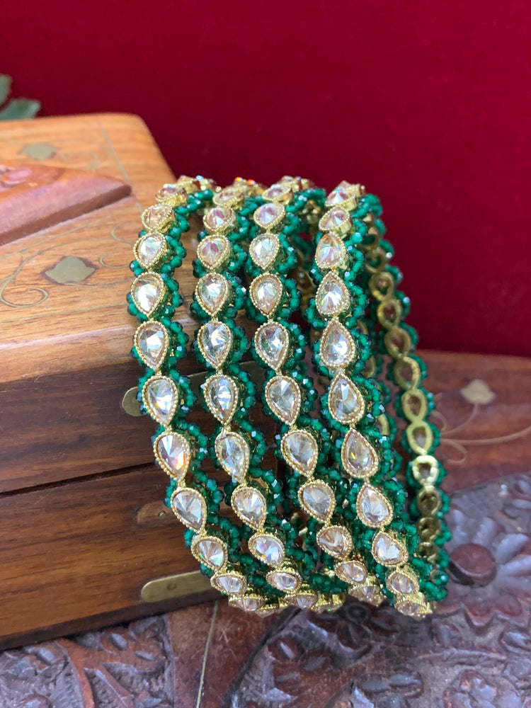 Reverse polki bangle Sonia in antique gold emerald green pearl details