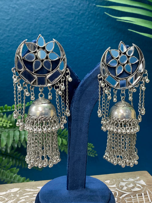 Black metal oxi German silver jhumki  earring with mirror details