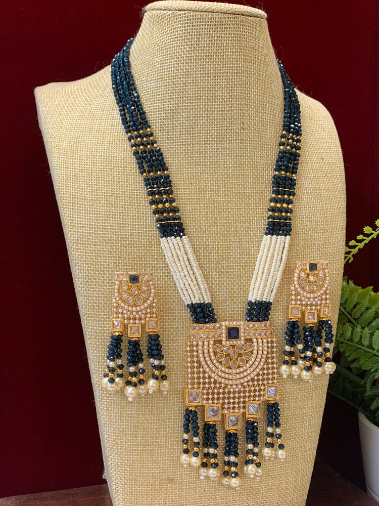 Anika polki long mala set gold polki and blue