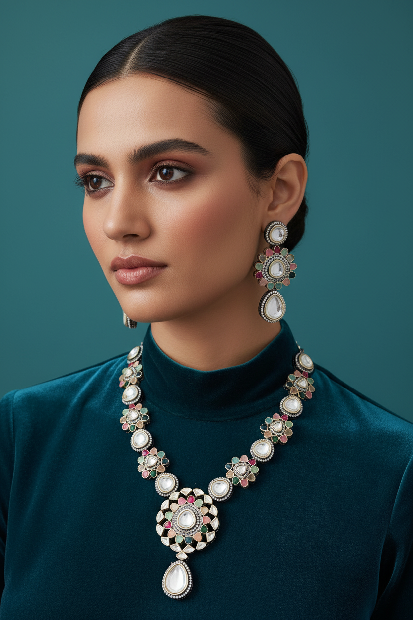 Multicolored gemstone and pearl jewelry set on model