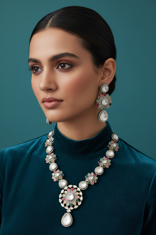 Multicolored gemstone and pearl jewelry set on model