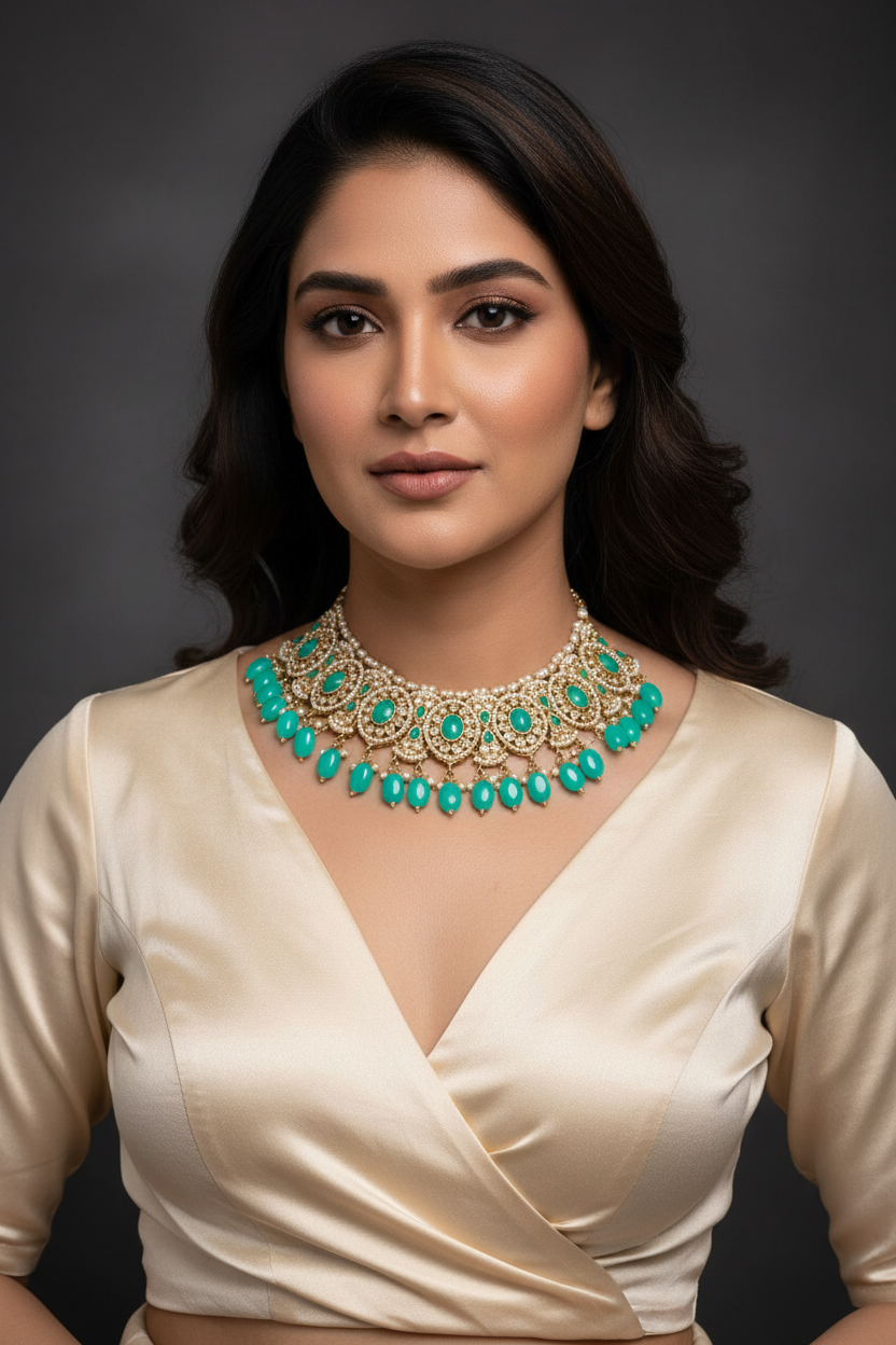 Turquoise necklace on model with open neck blouse