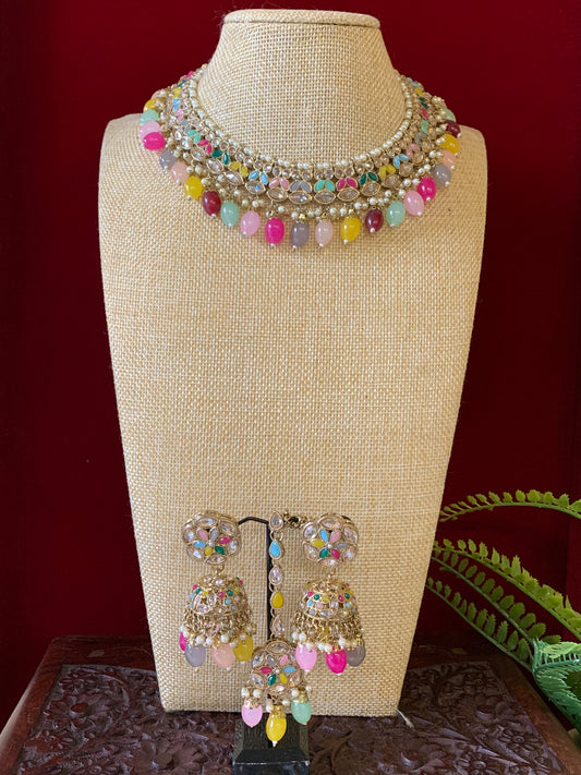 Reverse polki necklace with matching jhumki tikka