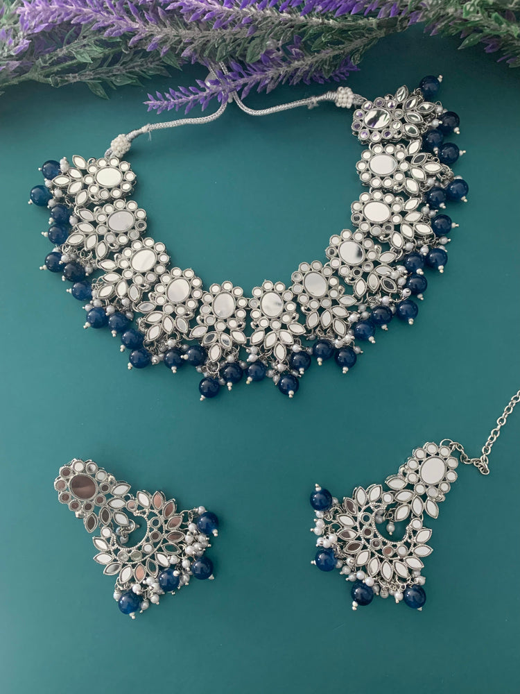 Sunaina silver mirror choker / necklace in blue