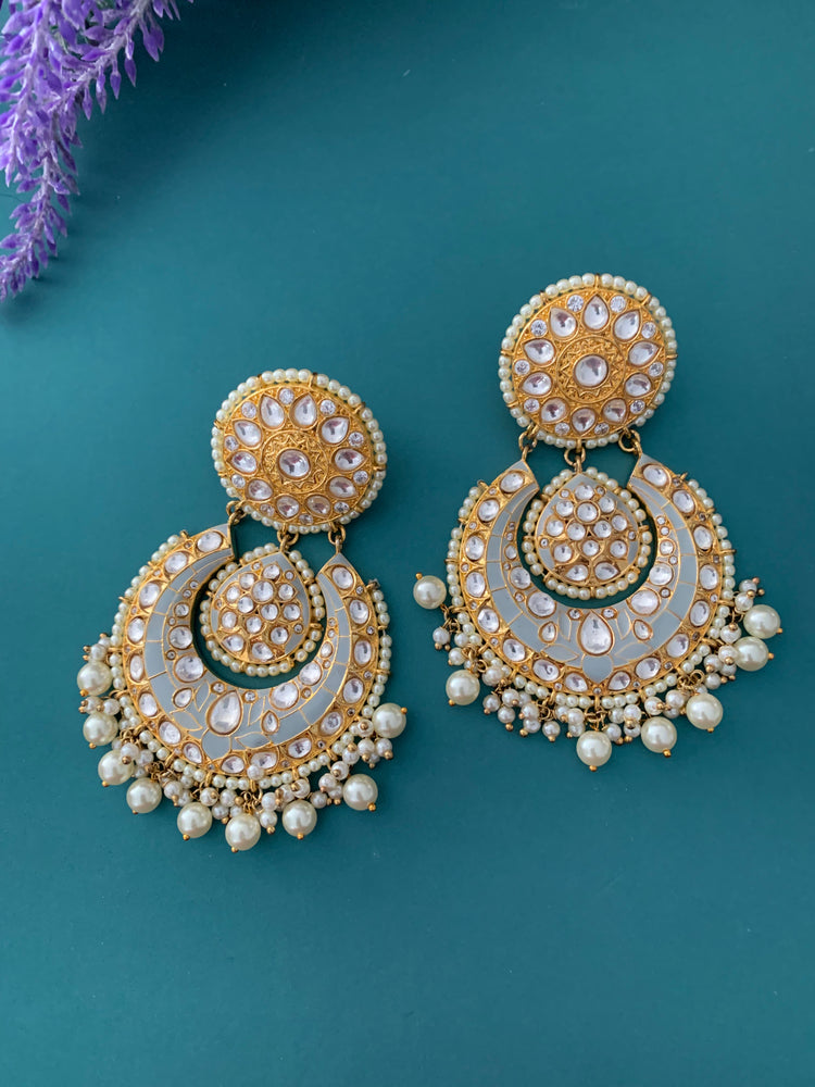 Uncut Kundan designer chandbali earring pastel grey