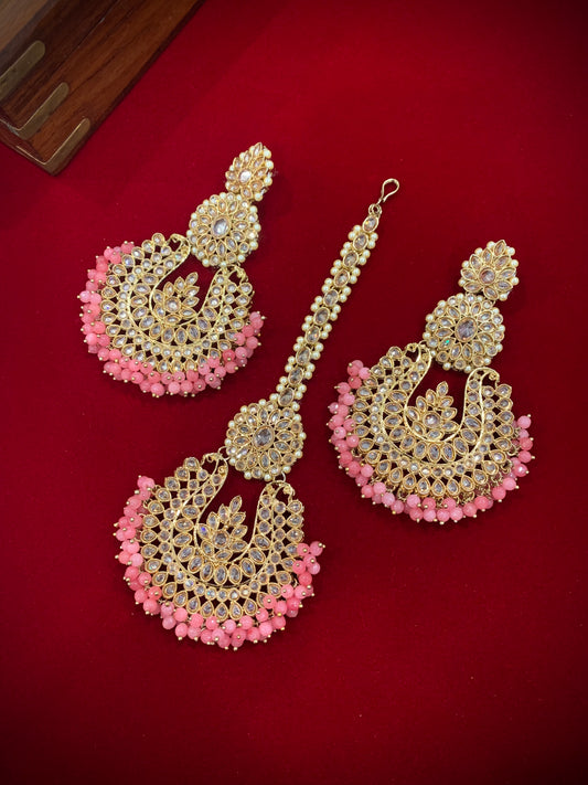 Polki chandbali style earring with matching Tikka onion pink Lola