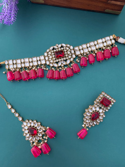 Sadiya kundan choker set in magenta pink