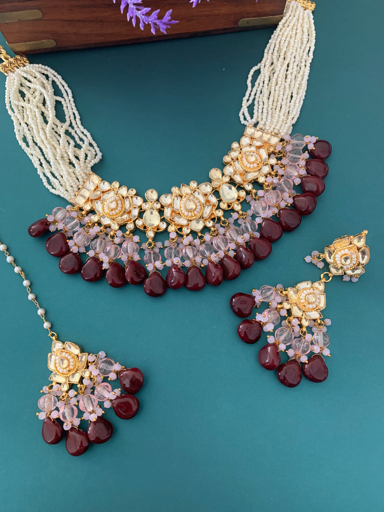 Zeda pachi kundan choker in pink and chocolate maroon