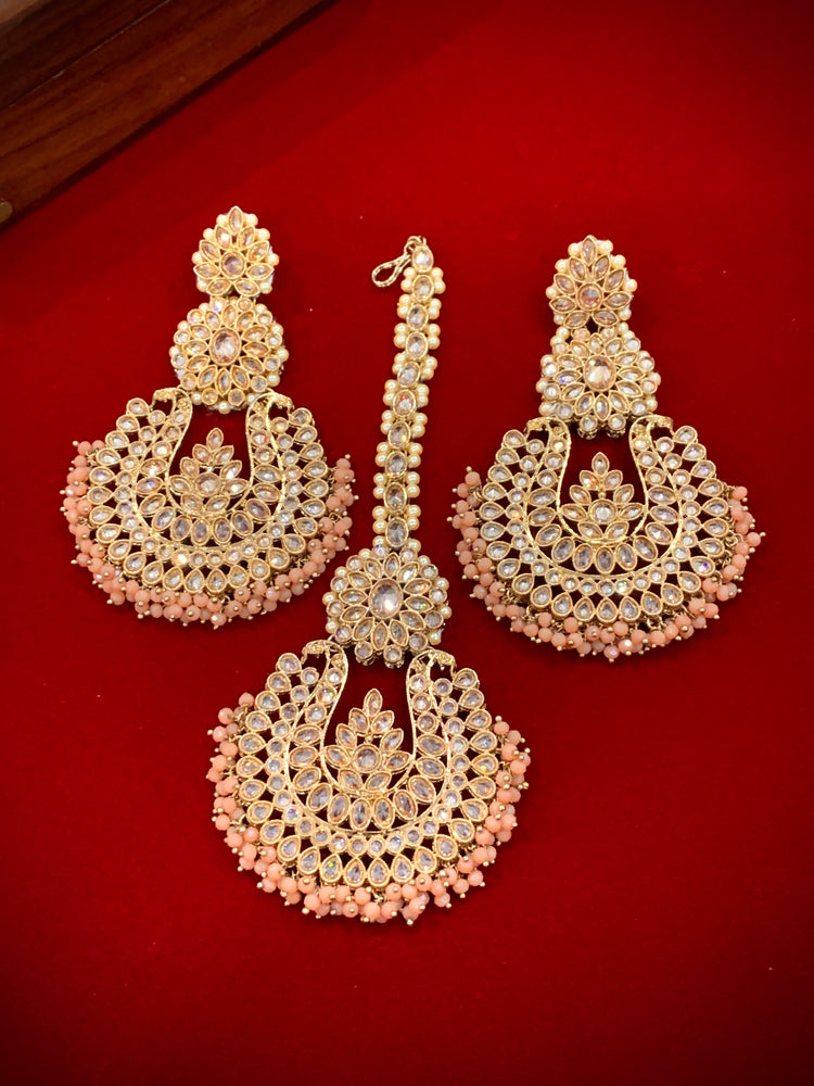 Polki chandbali style earring Tikka get nude peach Lola