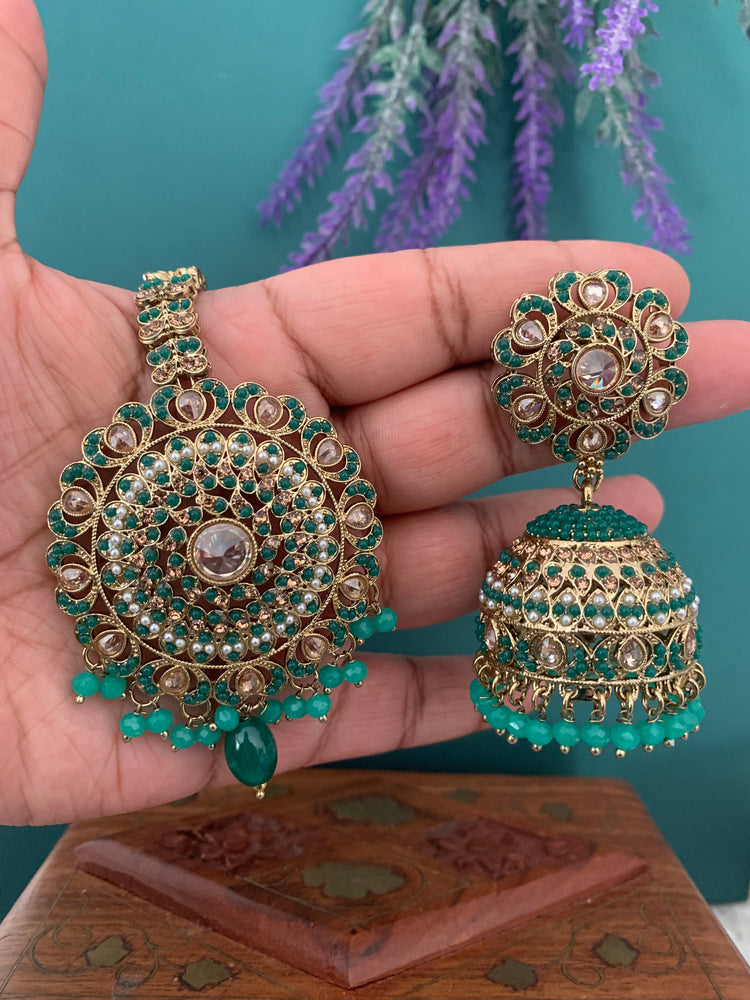 Priya jhumki earring and tikka Teal green