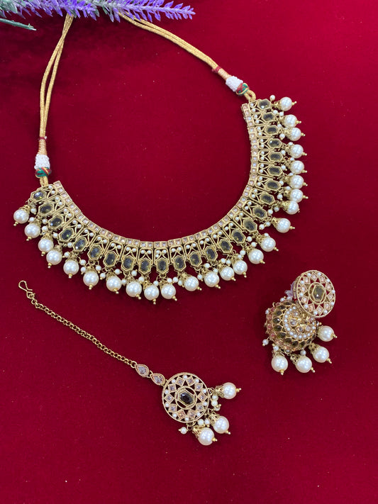 Reverse Polki necklace set with Jhumki Tikka olive green