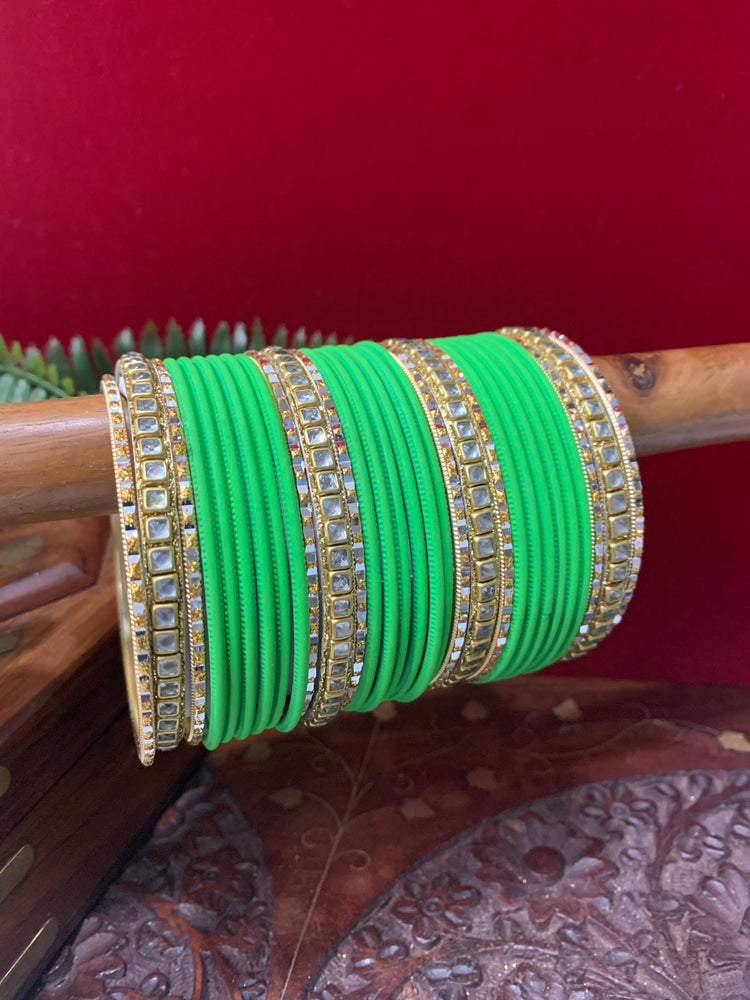 Parrot green churi and kundan bangle